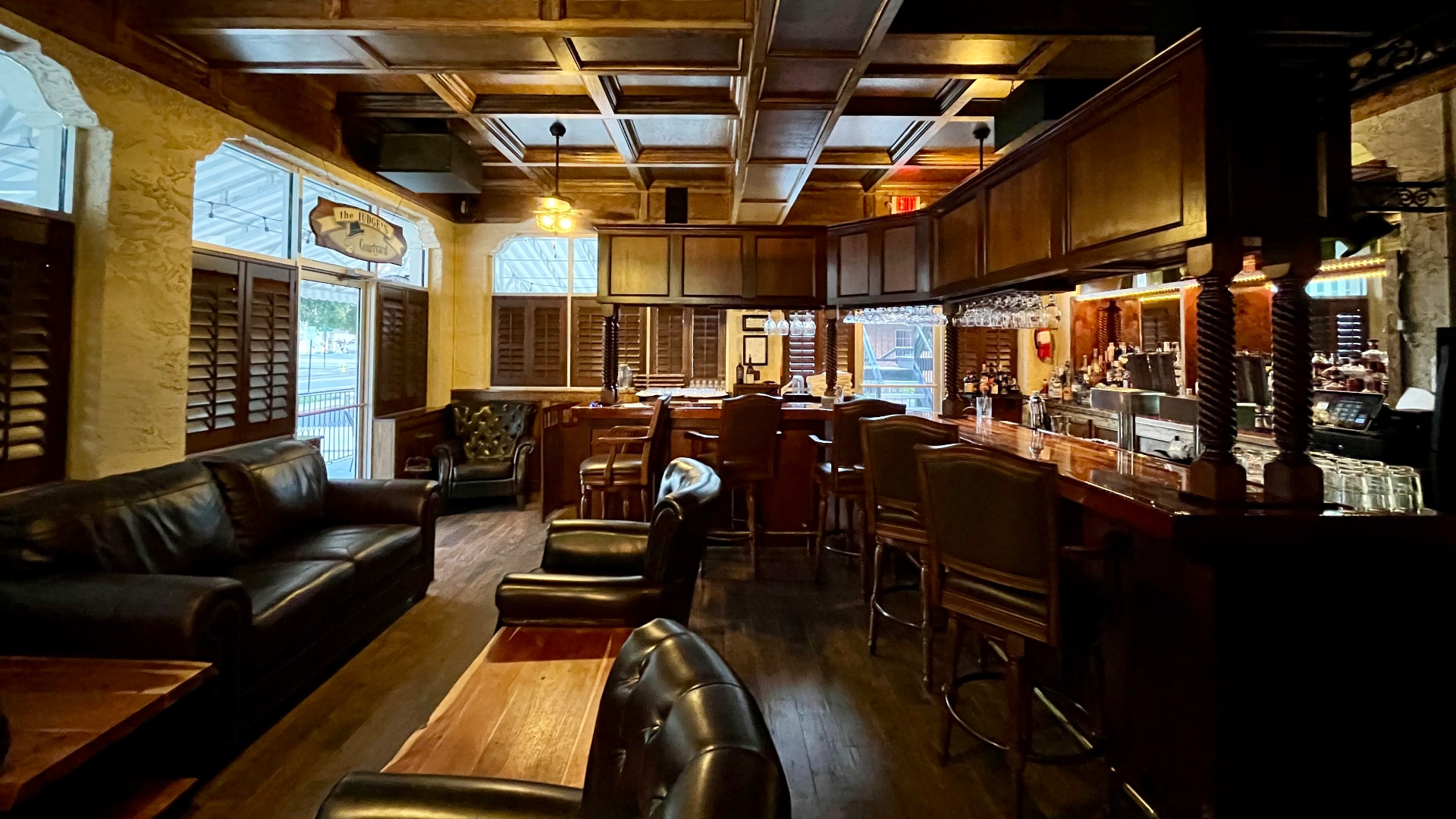 The warm wood and leather lounge inside Bruton’s